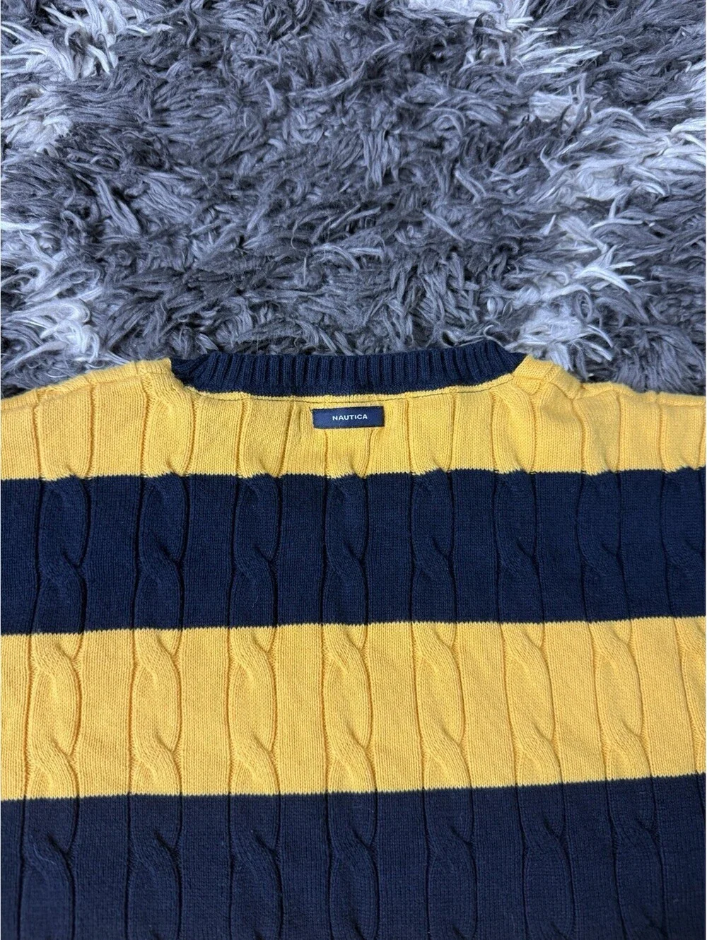 Nautica Men Medium Cable Knit Sweater Yellow Blue Striped Medium Crewneck